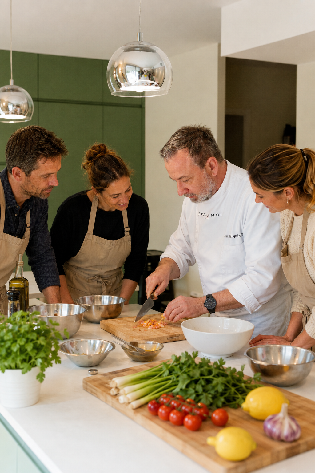 Chef Genfy guidant trois participants pendant un cours de cuisine privé